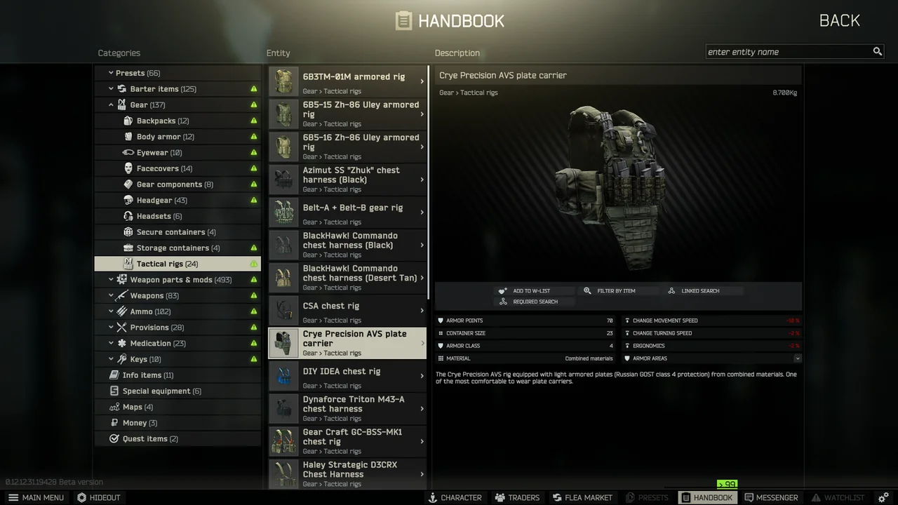 Armor class readout on a PMC before a Tarkov gunfight